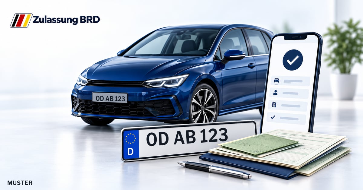 Online Fahrzeugzulassung in Ahrensburg: Musterkennzeichen OD AB 123, Auto und Fahrzeugpapiere und Smartphone. Illustration mit Logo von Zulassung BRD.